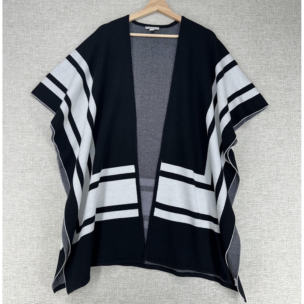 LOFT Sweater Cape Womens XS/S Black White Stripe Open Front Knit Poncho